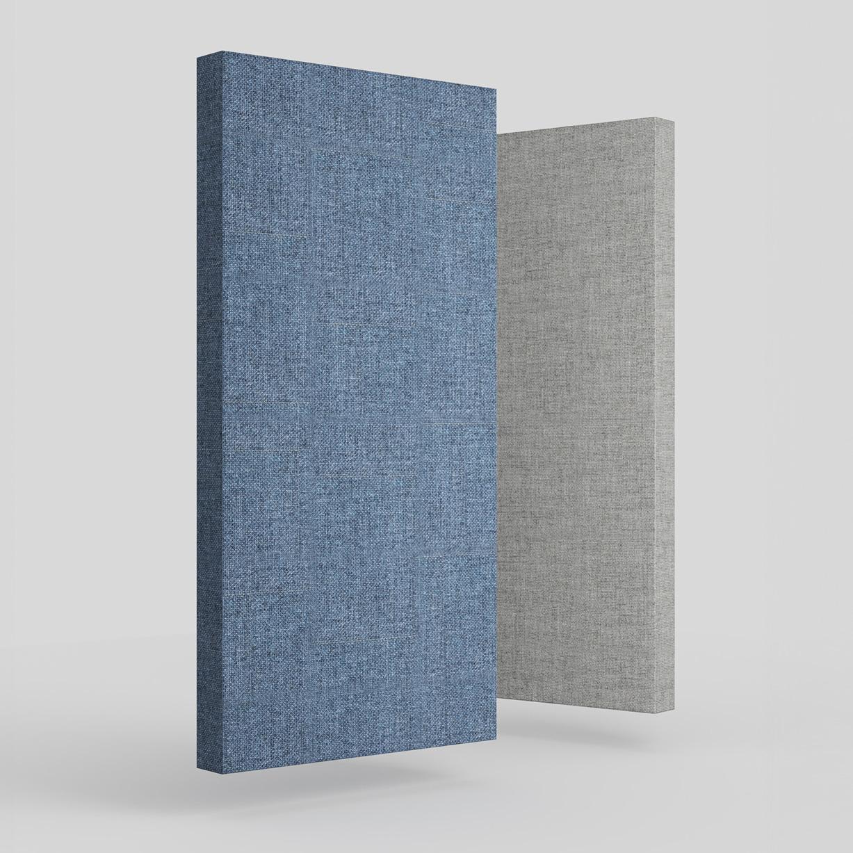 Blue and Gray Floating Sound Absorbing Acoustic Panels Wrapped In Guilford of Maine FR701